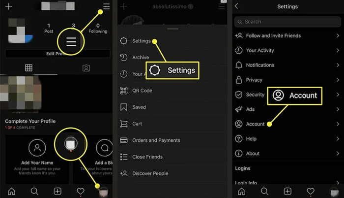 Screenshot of an Instagram settings menu with "Settings" highlighted.
