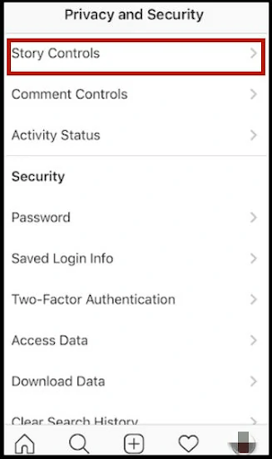 A screenshot displaying the privacy and security options on Instagram.